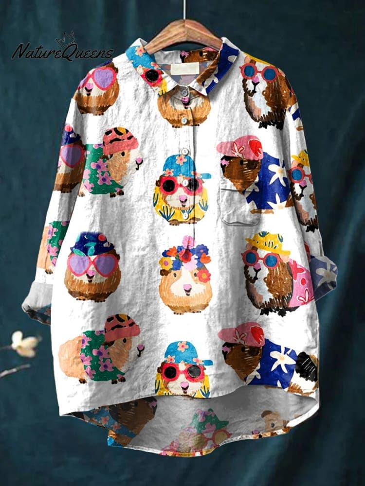 Women's Funny Art Print Casual Cotton And Linen Shirt