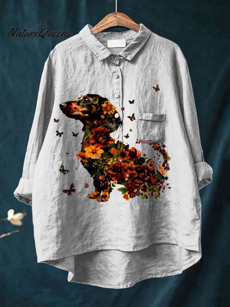 Women's Funny Dog Art Print Casual Cotton And Linen Shirt