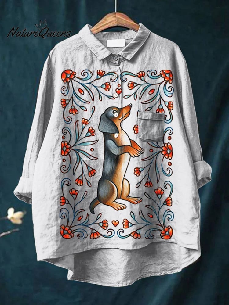 Women's Funny Dog Art Print Casual Cotton And Linen Shirt