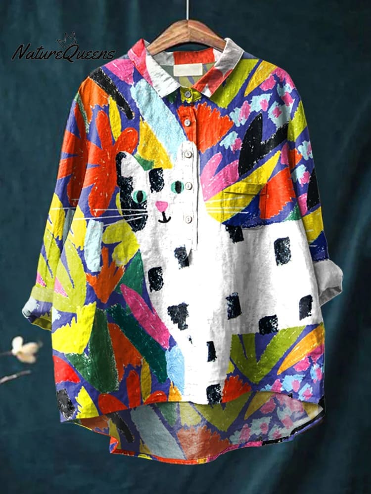 Women's Cat Art Print Casual Cotton And Linen Shirt