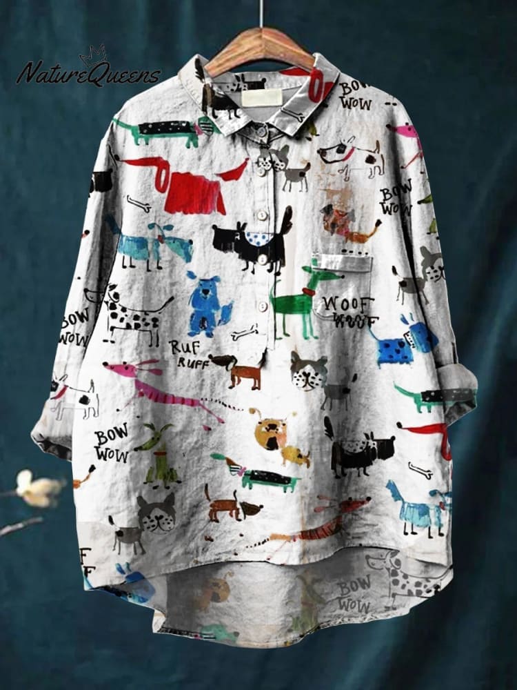 Women's Cute Dog Art Print Casual Cotton And Linen Shirt