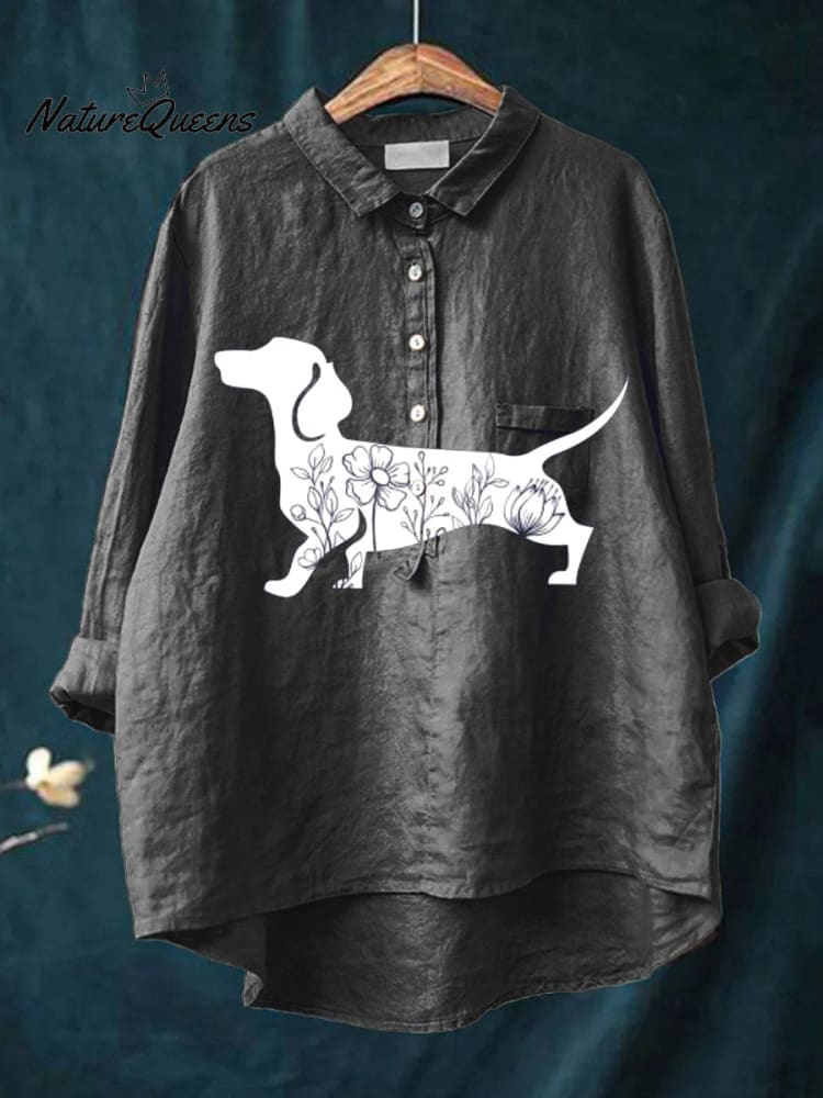 Women's Funny Dog Art Print Casual Cotton And Linen Shirt