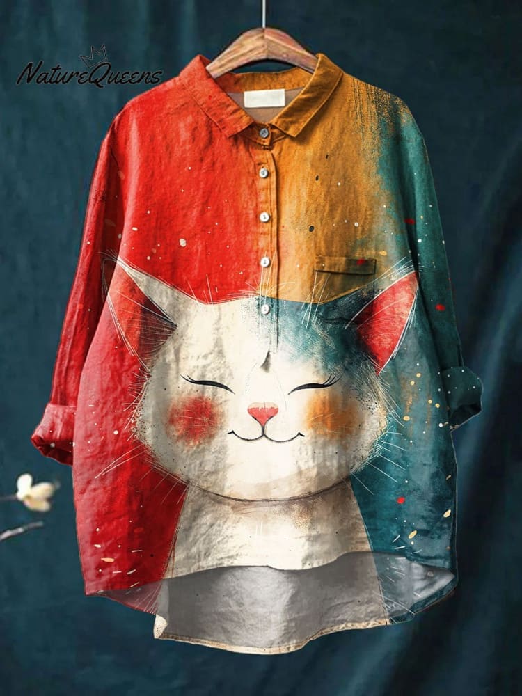 Women's Vintage Cute Cat Art Print Casual Cotton And Linen Shirt
