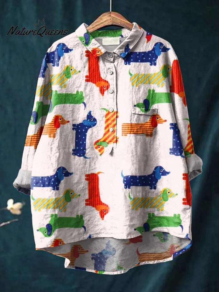 Women's Dog Art Print Casual Cotton And Linen Shirt