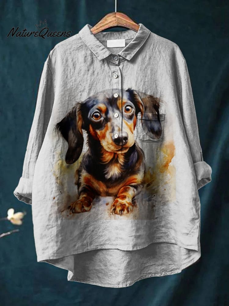 Women's Funny Dog Art Print Casual Cotton And Linen Shirt