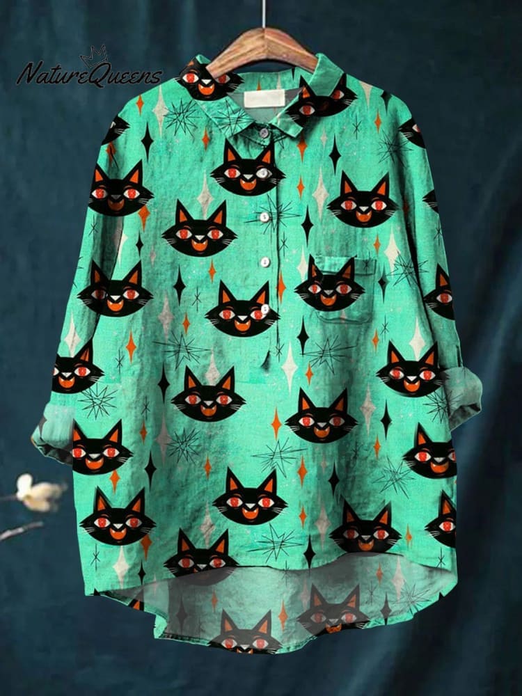 Women's Vintage Cat Art Print Casual Cotton And Linen Shirt