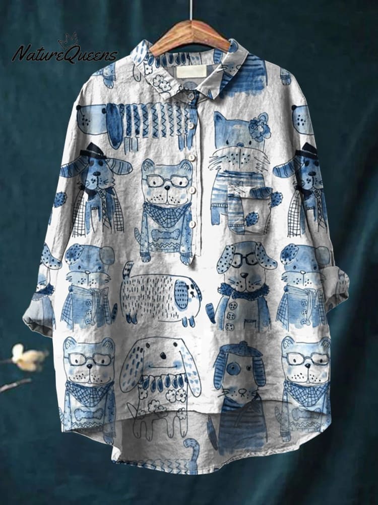 Women's Dog Print Casual Cotton And Linen Shirt