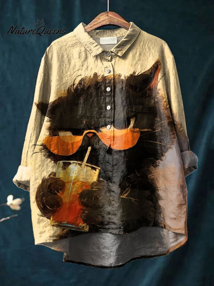 Women's Vintage Cute Cat Art Print Casual Cotton And Linen Shirt