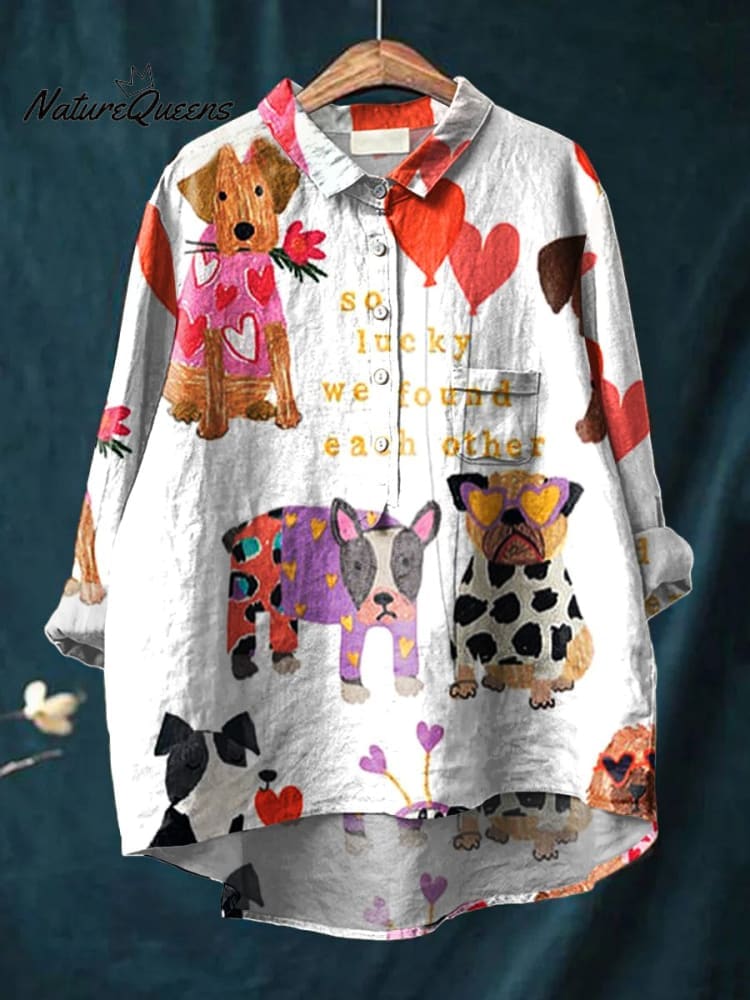 Women's Dog Art Print Casual Cotton And Linen Shirt