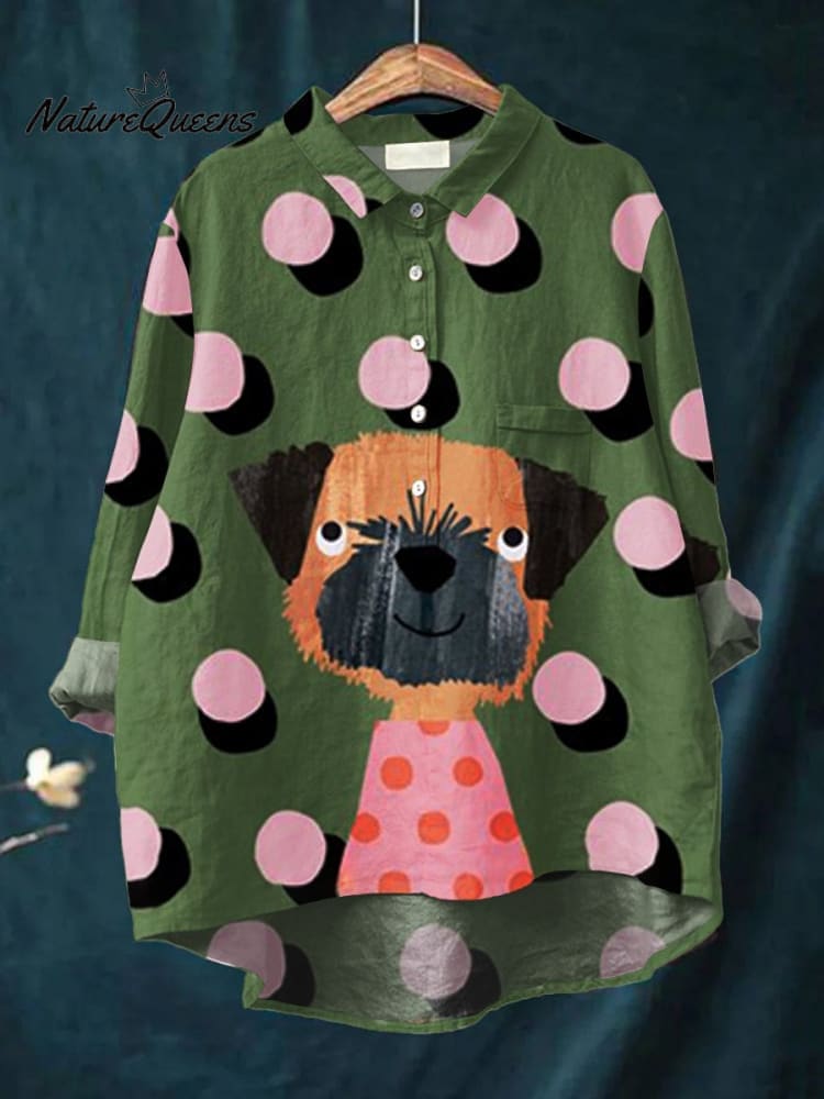 Women's Dog Art Print Casual Cotton And Linen Shirt