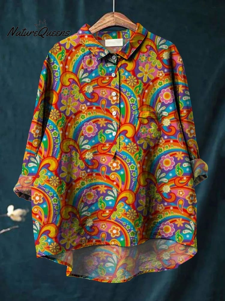 Women's 1960 Psychedelic Flower Power Art Print Casual Cotton And Linen Shirt