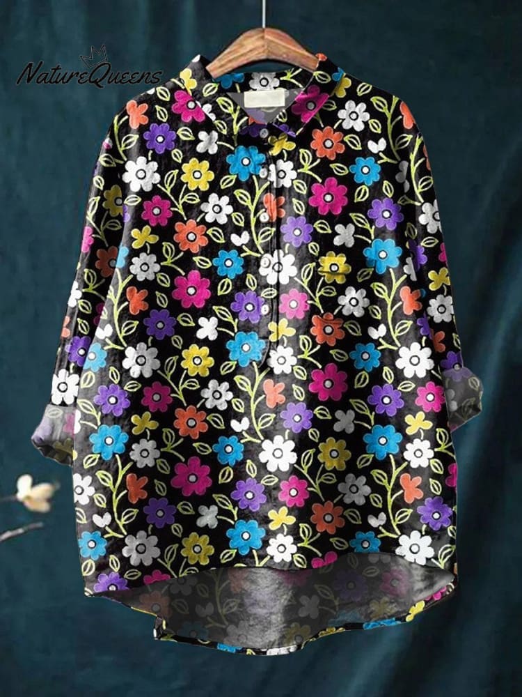 Women's Flower Art Print Casual Cotton And Linen Shirt