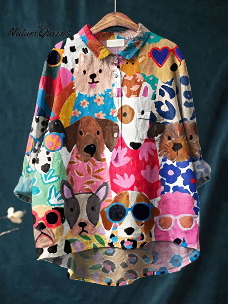 Women's Colorful Cartoon Flower Shirt Dog Print Casual Cotton And Linen Shirt