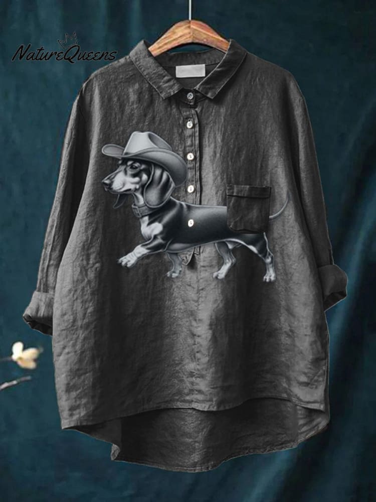 Women's Funny Dog Art Print Casual Cotton And Linen Shirt