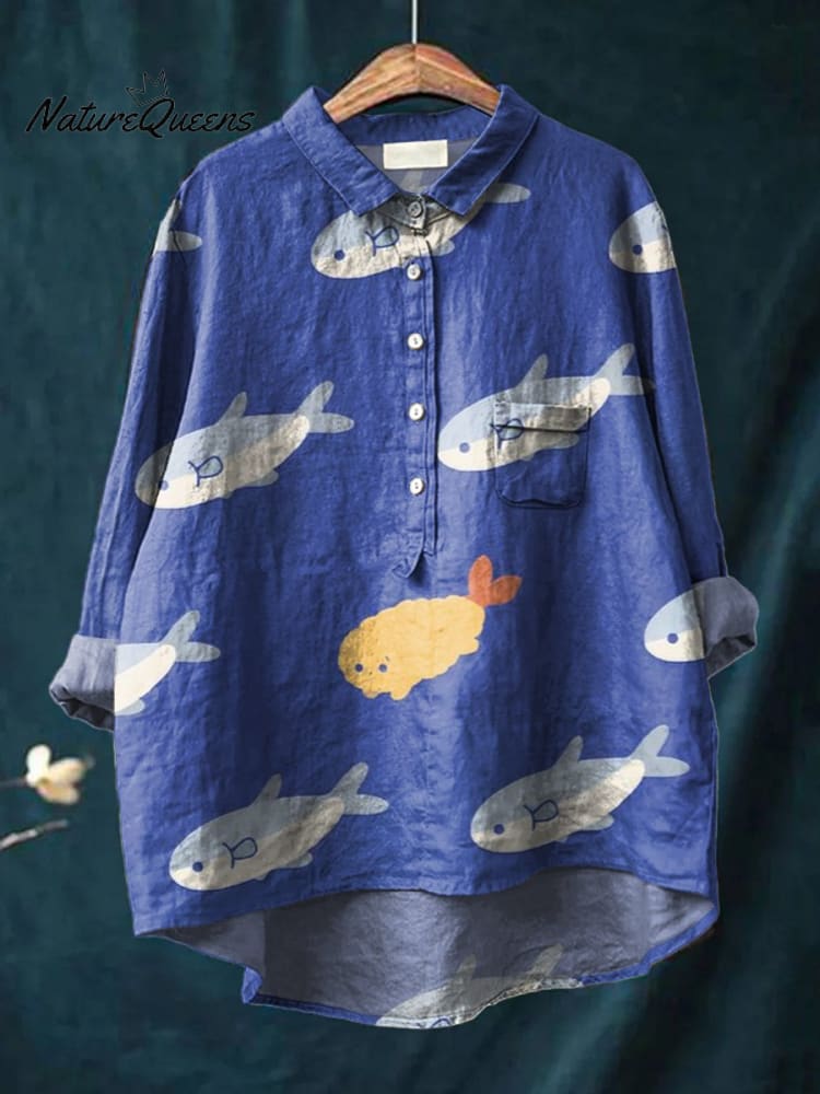 Women's Cute Blue Fish Print Casual Cotton And Linen Shirt