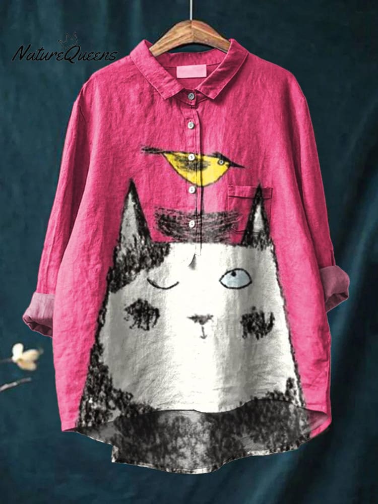 Women's Cat Art Print Casual Cotton And Linen Shirt