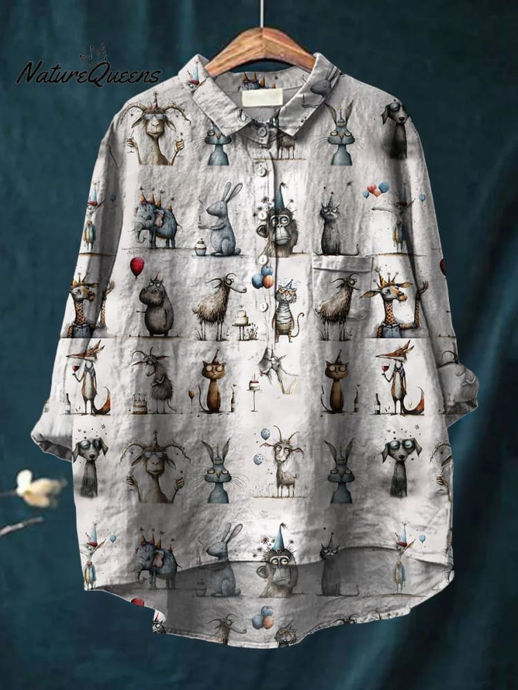 Women's Animal Party Print Casual Cotton And Linen Shirt