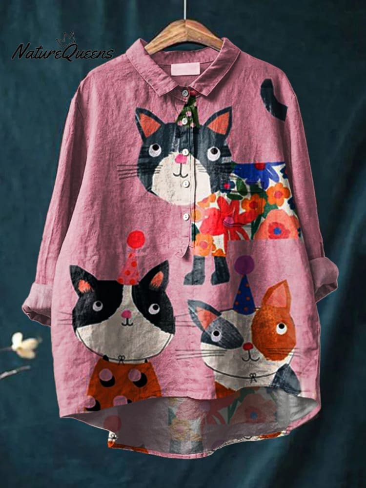 Women's Cat Art Print Casual Cotton And Linen Shirt