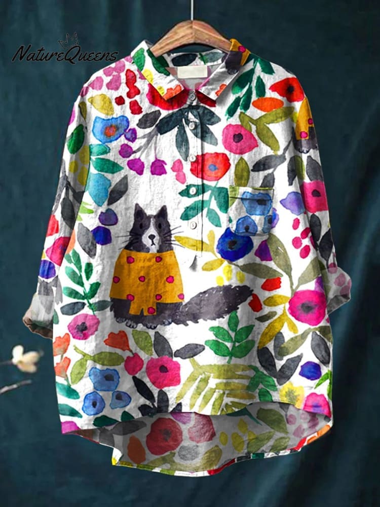 Women's Cat Art Print Casual Cotton And Linen Shirt