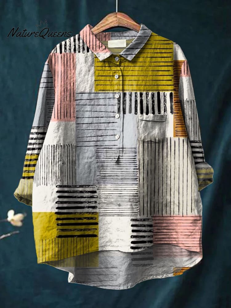 Women's Geometric Stripes Print Casual Cotton And Linen Shirt