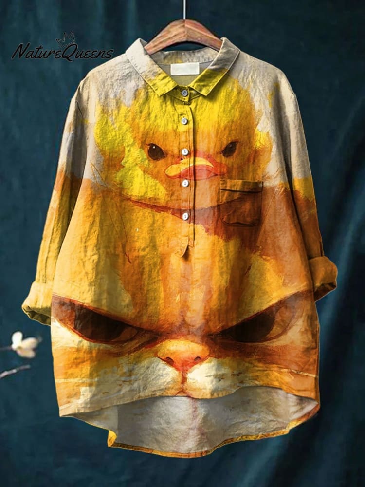Women's Vintage Cute Cat Art Print Casual Cotton And Linen Shirt