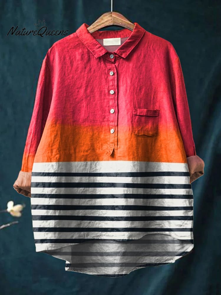 Women's Pink Color-block Stripes Art Print Casual Cotton And Linen Shirt