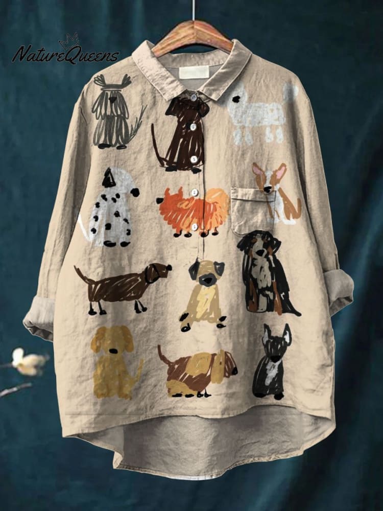 Women's Dog Art Print Casual Cotton And Linen Shirt