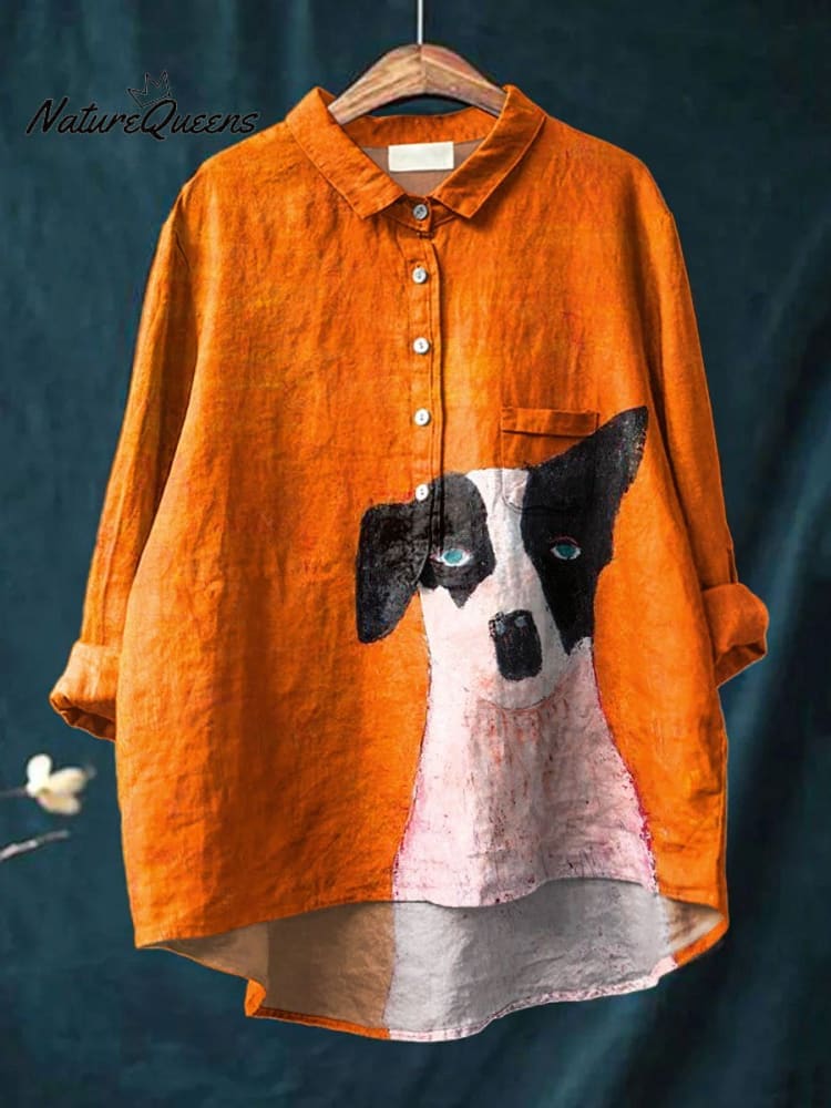 Women's Vintage Cute Dog Art Print Casual Cotton And Linen Shirt