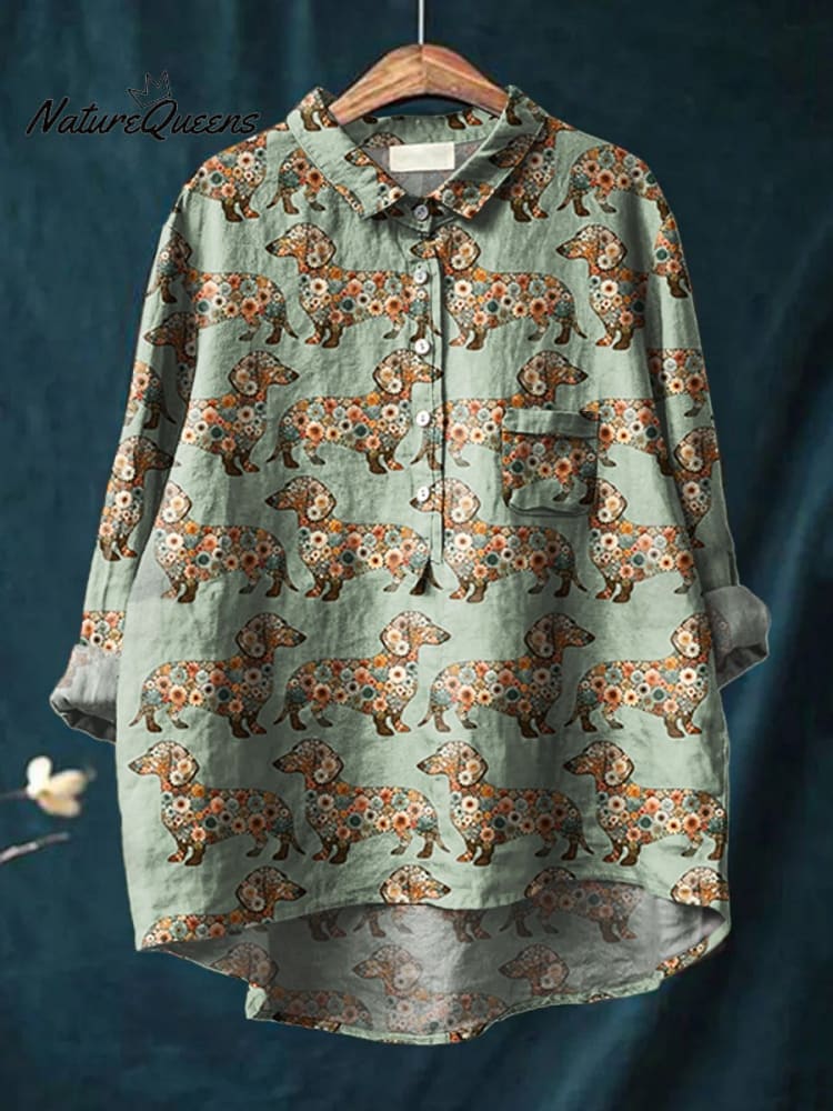 Women's Funny Dog Art Print Casual Cotton And Linen Shirt