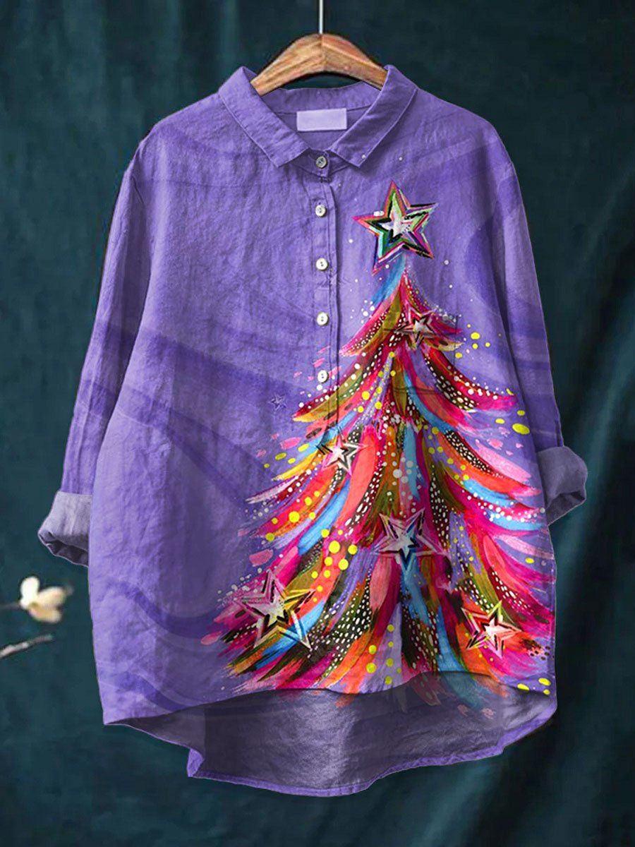 Women's Magic Christmas Cozy Christmas Tree Print Casual Cotton And Linen Shirt