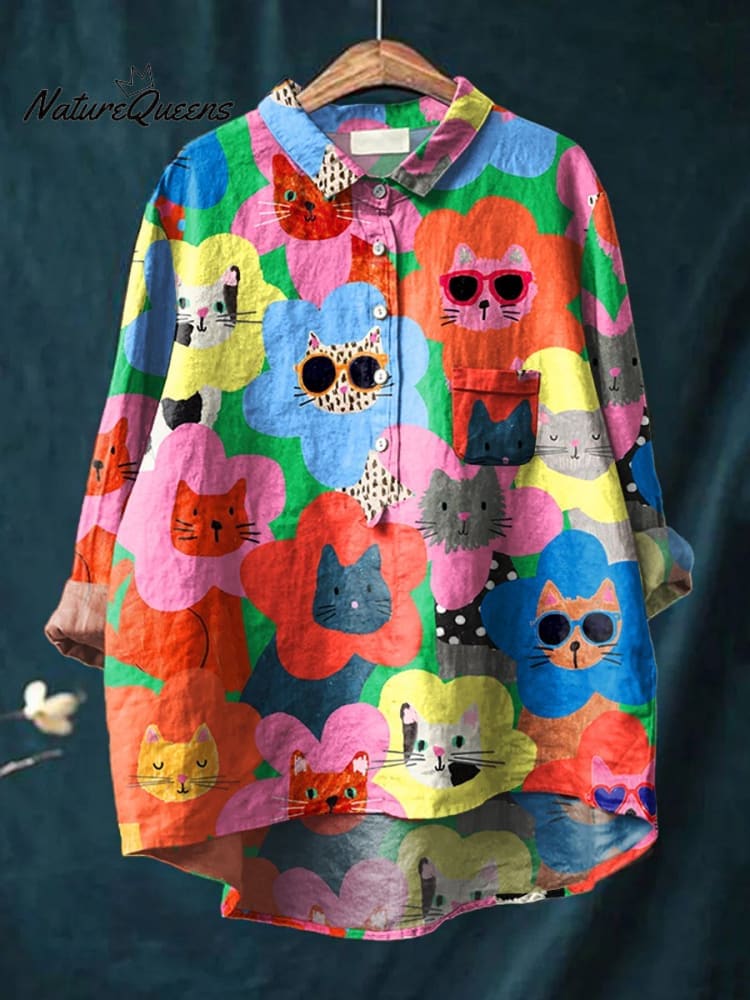Women's Cat Art Print Casual Cotton And Linen Shirt