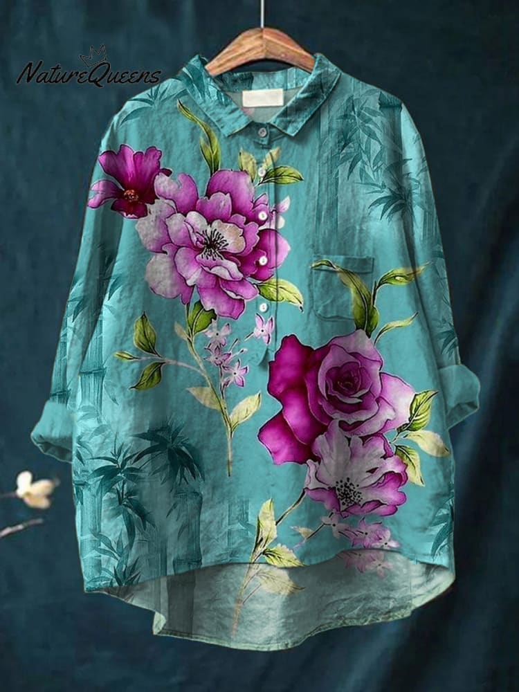 Femmes Rétro Floral Art Print Casual Coton Lin Col Rond Bouton Poche Mi Chemise À Manches Longues Top