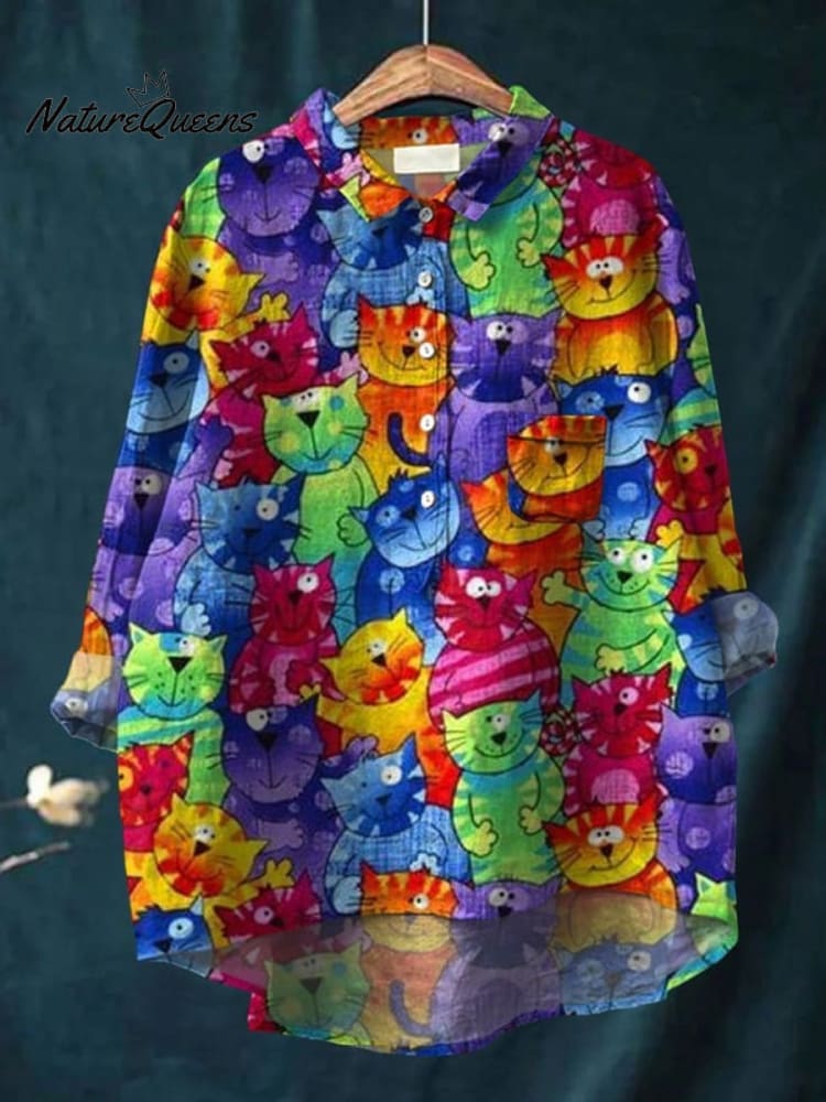 Rétro Boho Pet Imprimé Art Col Rond Bouton Poche Mi À Manches Longues Coton Lin Chemise