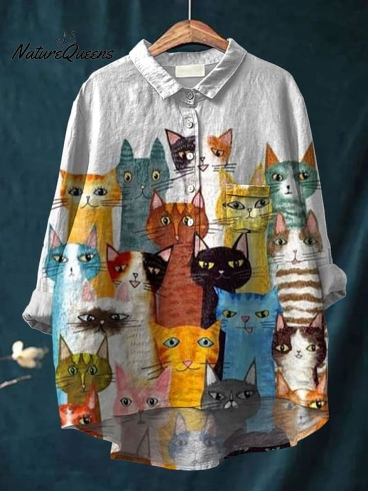 Rétro Boho Pet Imprimé Art Col Rond Bouton Poche Mi À Manches Longues Coton Lin Chemise