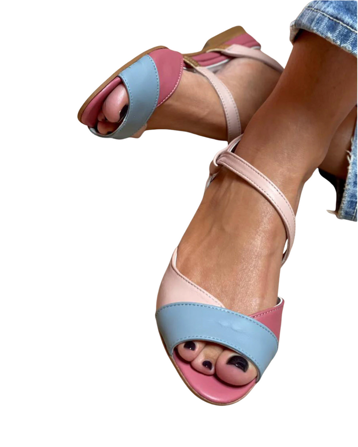 Roselina | Asymmetrical Sandals in Pink with Color-Blocking Style