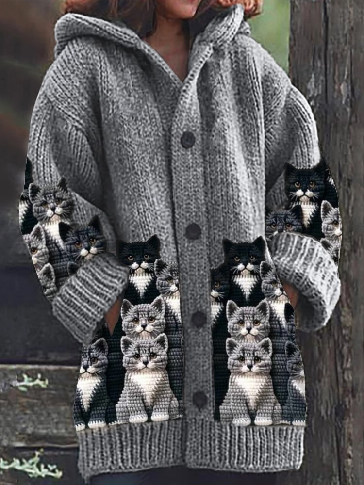 Jasmin - Cozy Knit Cardigan with Cat Motif