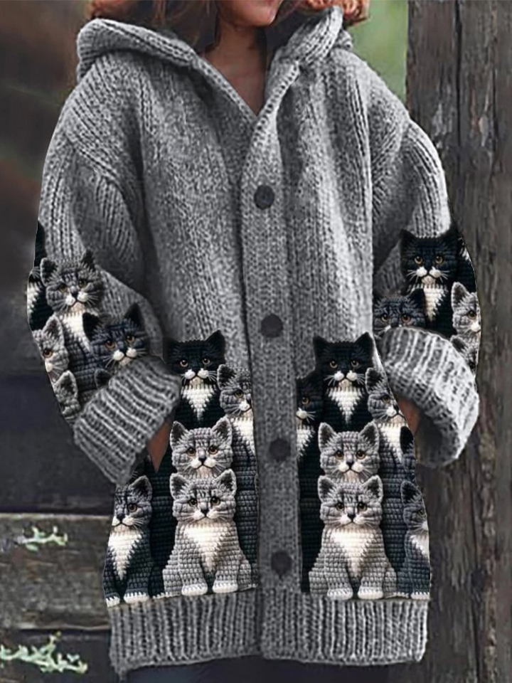 Jasmin - Cozy Knit Cardigan with Cat Motif