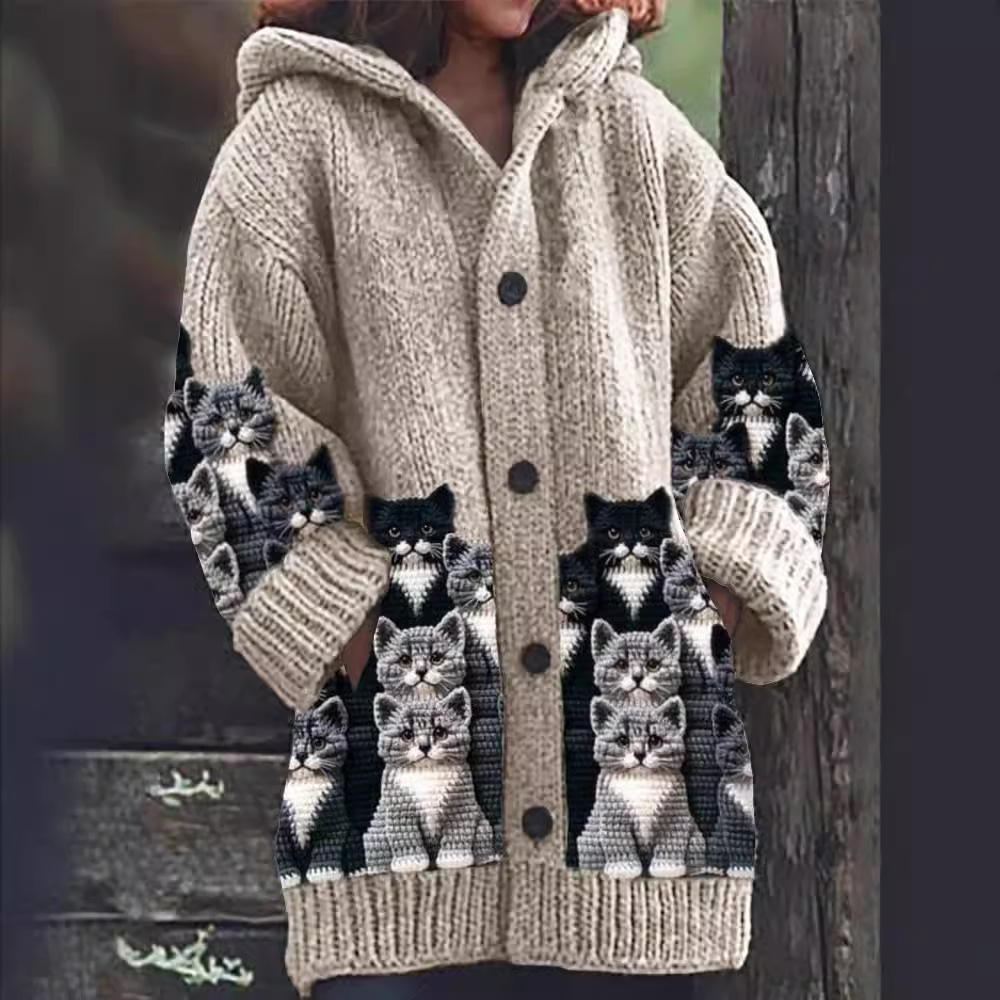 Jasmin - Cozy Knit Cardigan with Cat Motif