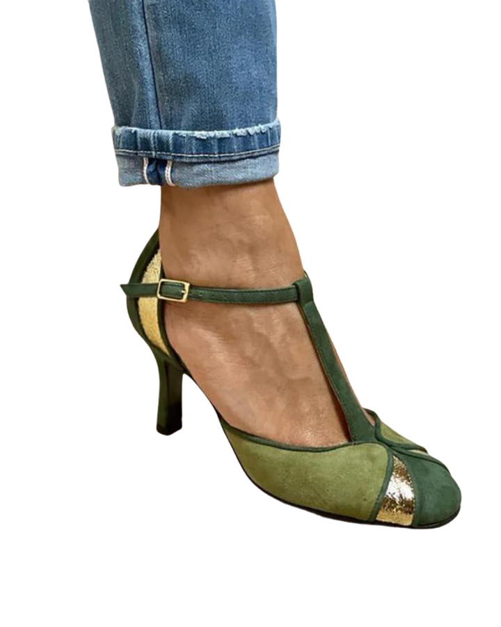 Taviana | Patchwork Pumps with T-Strap and Closed Toe