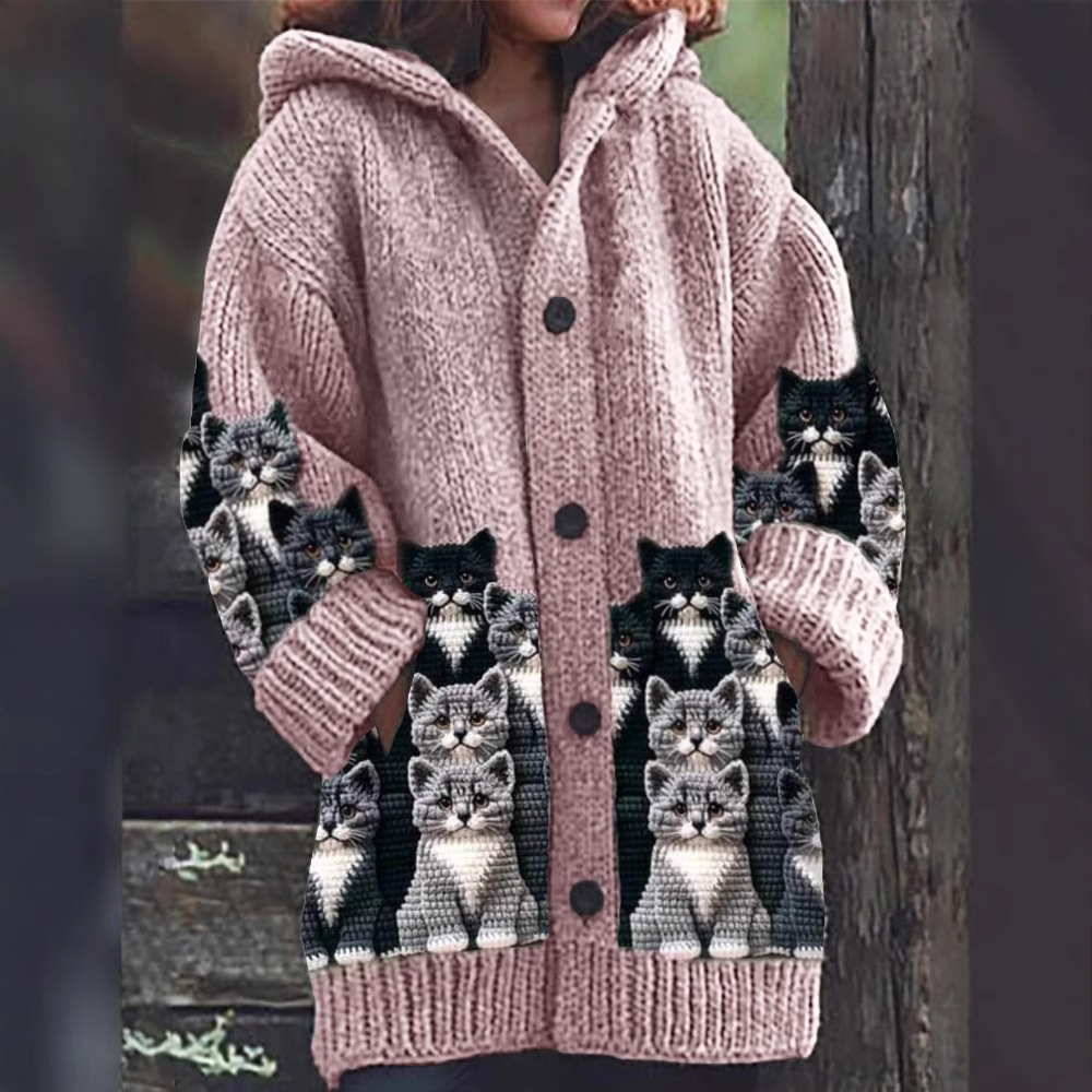 Jasmin - Cozy Knit Cardigan with Cat Motif