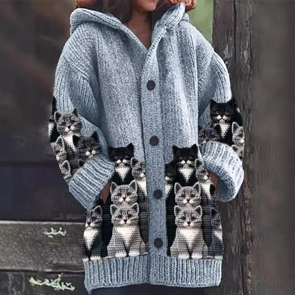 Jasmin - Cozy Knit Cardigan with Cat Motif