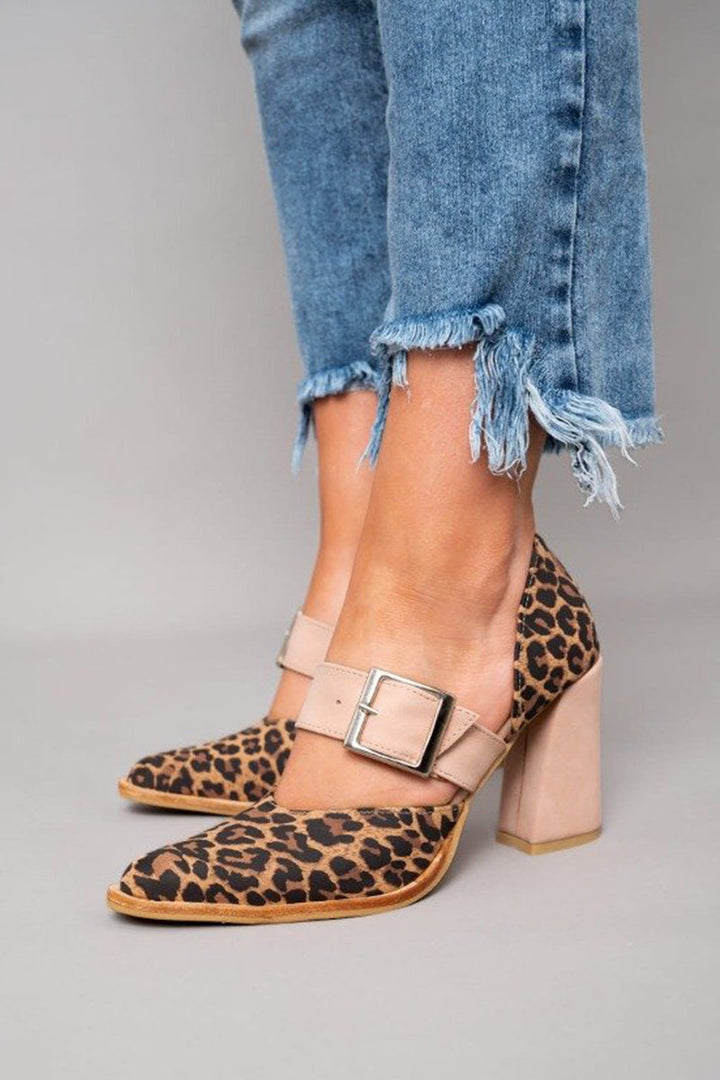 Selveta | Suede Sandals with Leopard Print and Sturdy Heel