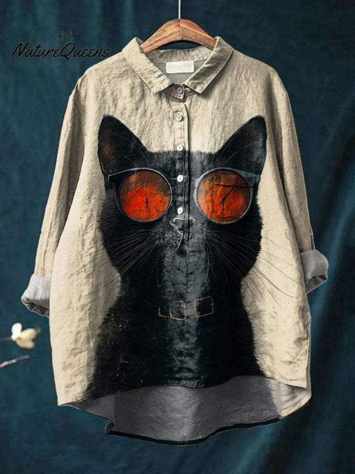 Vintage Funny Cat Art Print Casual Cotton And Linen Shirt