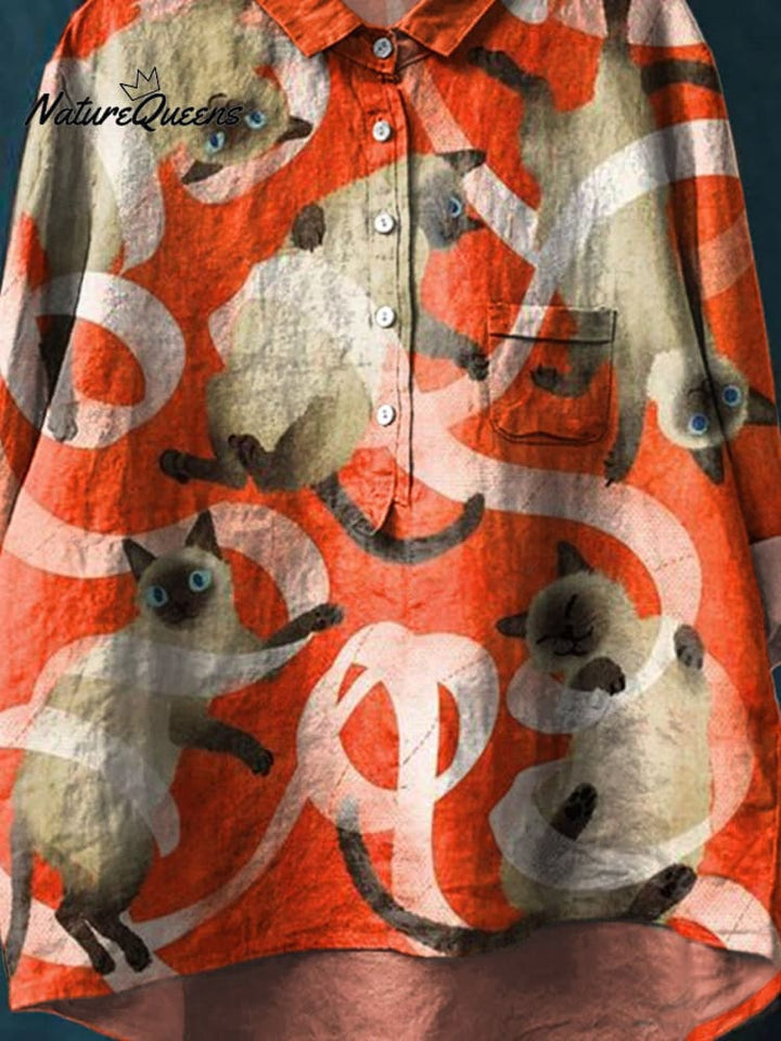 Vintage Funny Cats Art Print Casual Cotton And Linen Shirt