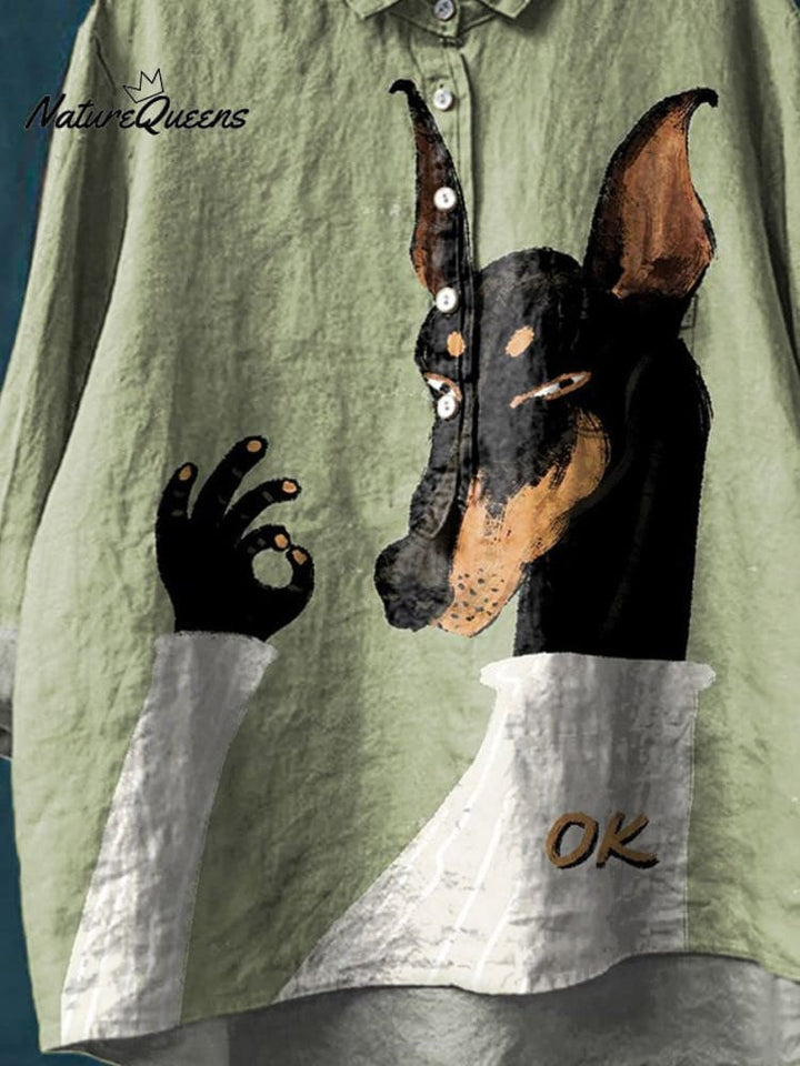 Vintage Funny Dog Art Print Casual Cotton And Linen Shirt