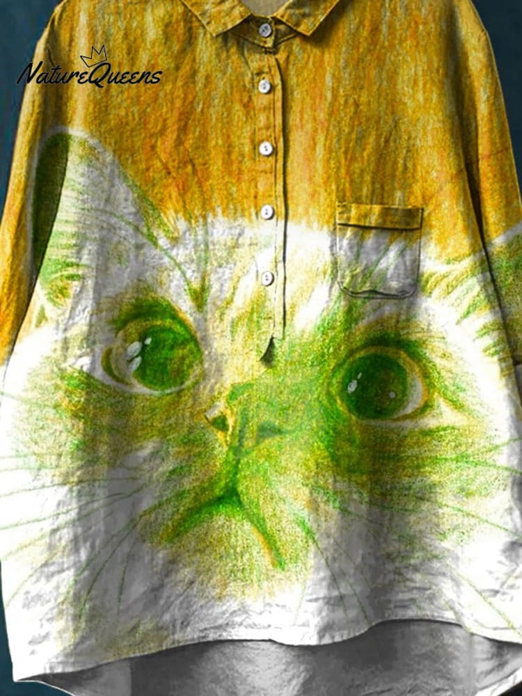 Vintage Lovely Cat Art Print Casual Cotton And Linen Shirt