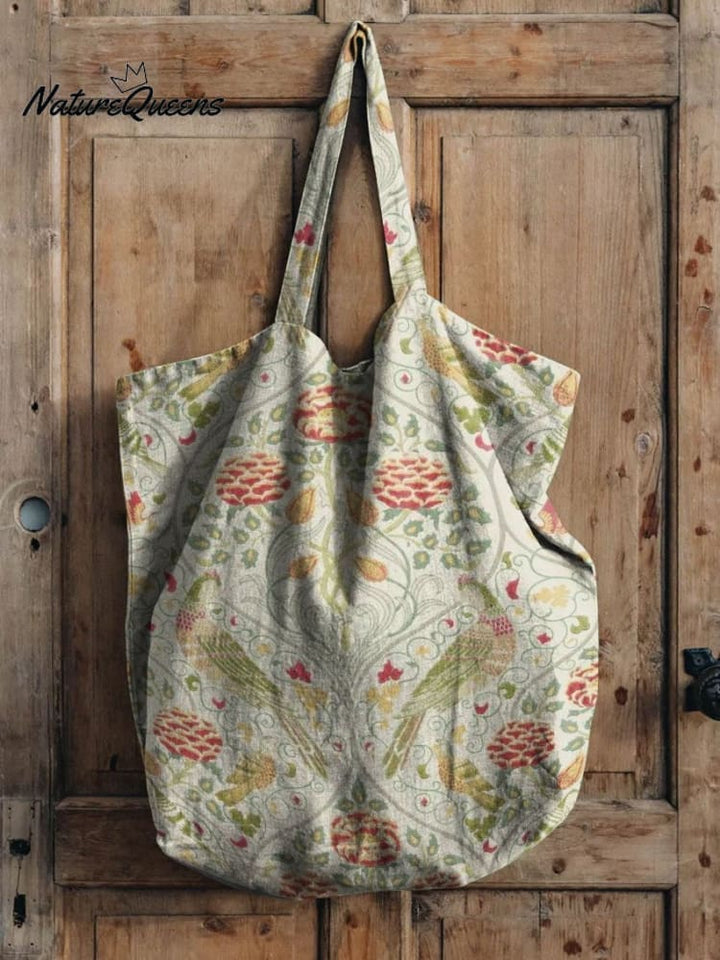 Cute Vintage Bird Floral Print Linen Tote Bag