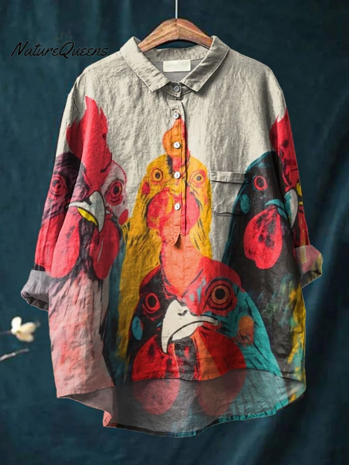 Women's Vintage Hand Painted Chicks Print Casual Cotton And Linen Shirt