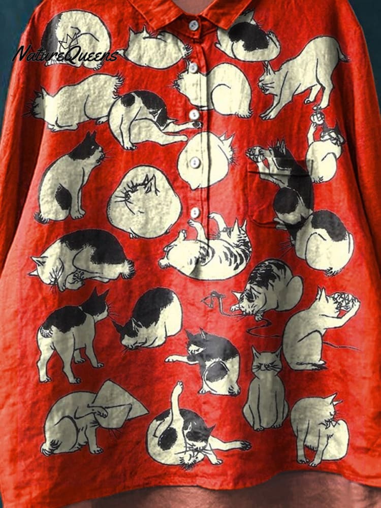 Vintage Funny Cats Art Print Casual Cotton And Linen Shirt