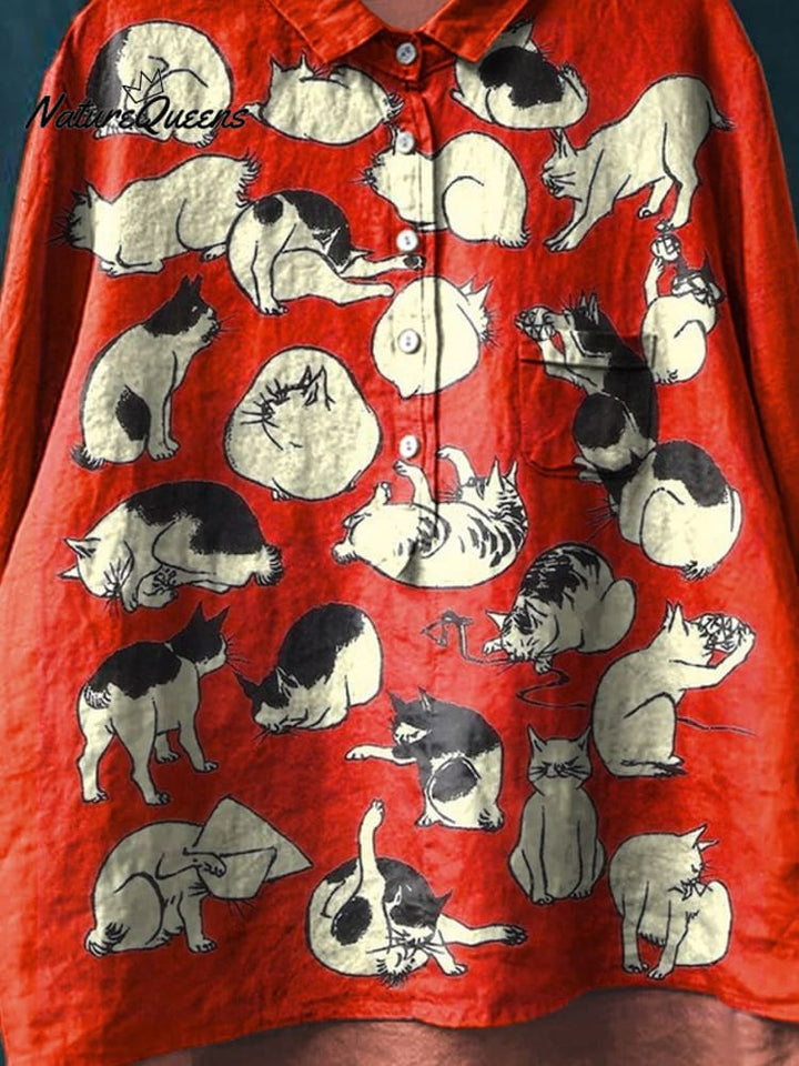 Vintage Funny Cats Art Print Casual Cotton And Linen Shirt